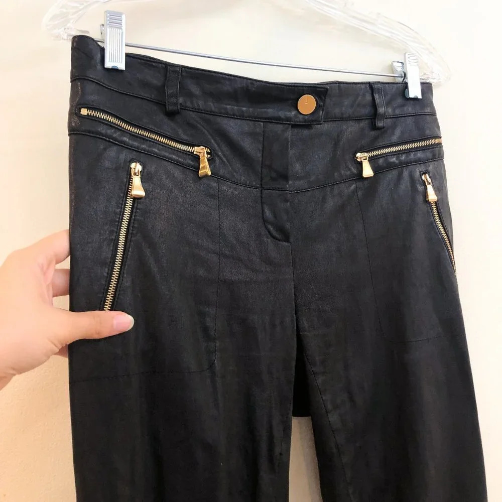 Escada Layla 100% Lamb Leather Gold Hardware Black Designer Skinny Pants ALTERED - Picture 7 of 15